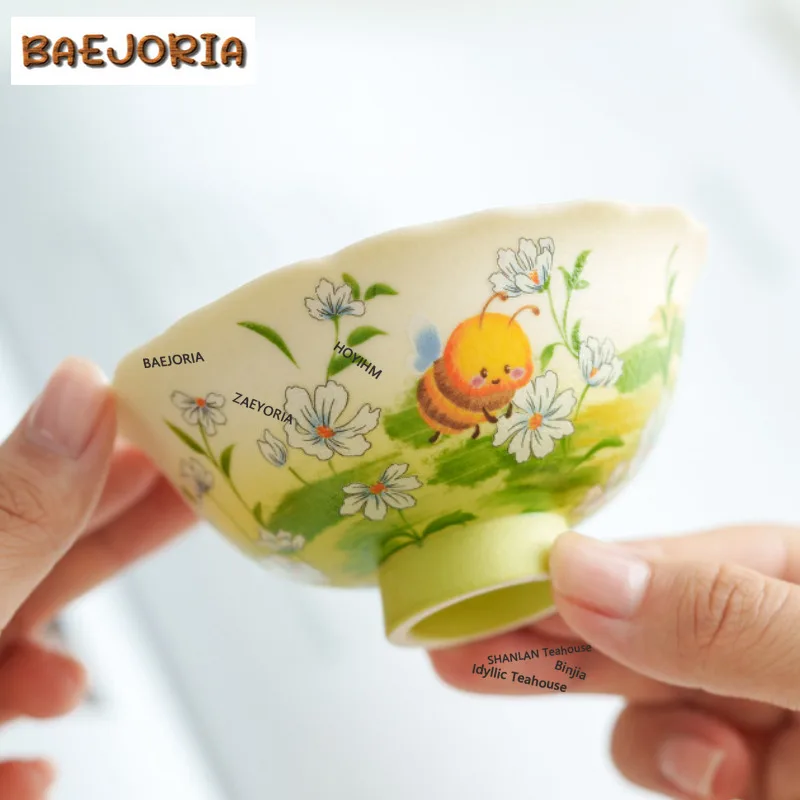 BAEJORIA 75ml Decal Bees Flowers Teacup Luxury Tea Bowl Beautiful Tea Cup Tea-tasting Meditation Cup Chazhan Master Cups Craft