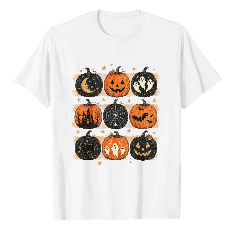 Vintage Halloween Pumpkin Grid T‑Shirt Jack‑o‑Lantern Ghost Bat Spider Web Haunted House Moon Star Retro Cotton Tee Casual Tops