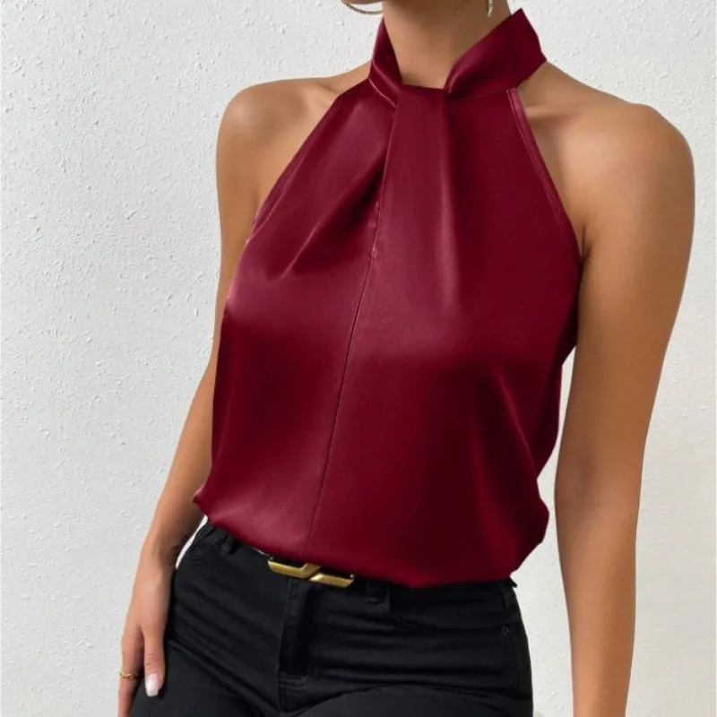 

2024 Summer New Women's Clothing Satin Halter Tie Up Elegant Tank Top Temperament Commuting Female Casual Sleeveless Vest