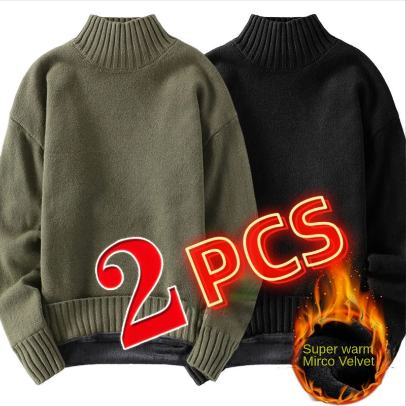 

2PCS Men's Fleece Thickened Mid/high collar Sweater Winter Men Solid Color Sweater Cold-proof Warm Pullover Bottoming Shirt 5XL