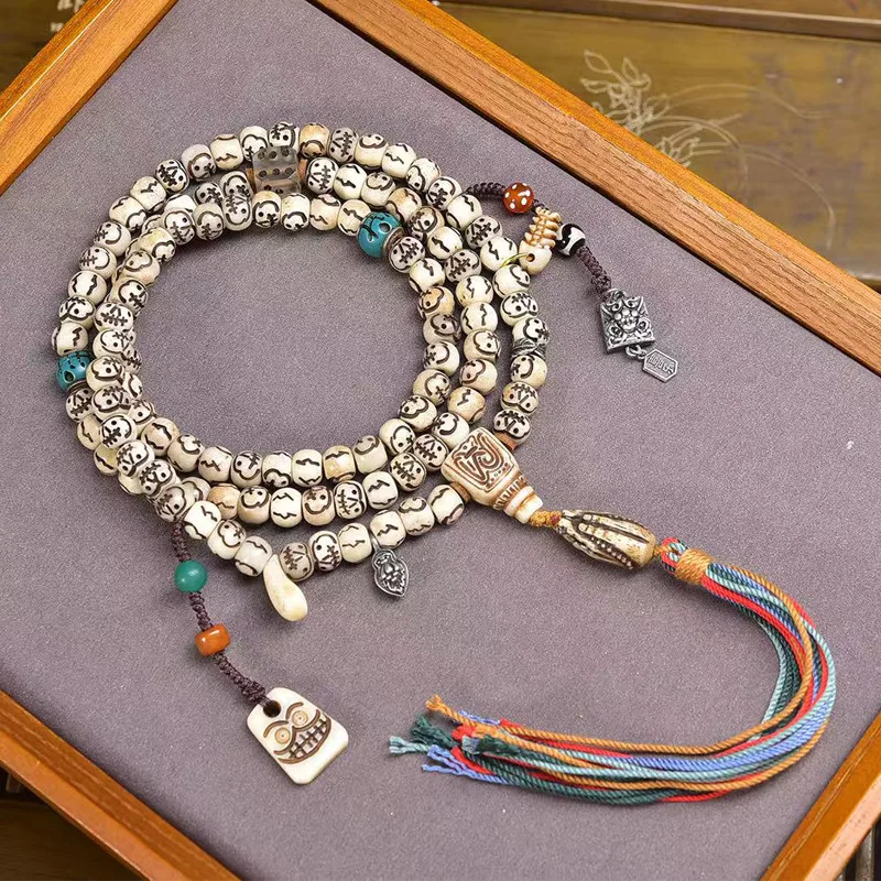 Backflow Carving A Dai 108 Beads Necklace Holder Yak Bone Copper Clip Accessories