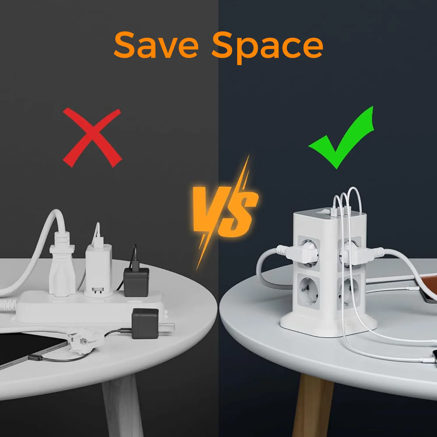 شريط طاقة متعدد لبرج تيسان مع 8 منافذ تيار متردد 3 من النوع C 1700J مقبس برج عمودي للحماية من الطفرة مع كابل 2 متر ذكي أسطواني متعدد التاباب