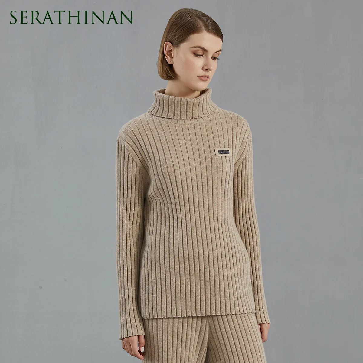 BC836  In Stock Women's 100% Cashmere Ribbed Turtleneck Sweater Leather Chain Patch Side Slits Quiet Luxury Early Autumn