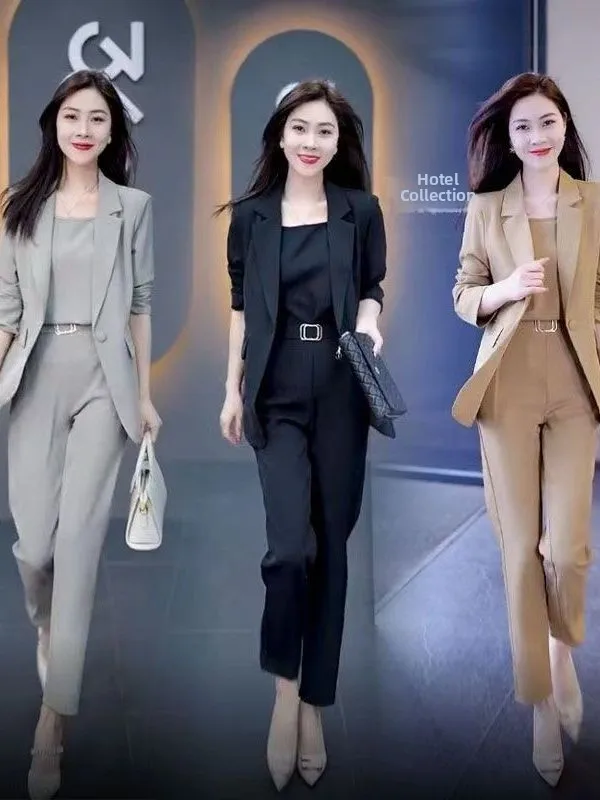 

Fashionable Slim Fit Suit And Pants Set for plus Size Women Spring Autumn Lightweight Three Piece Set Korean Style High Waist...