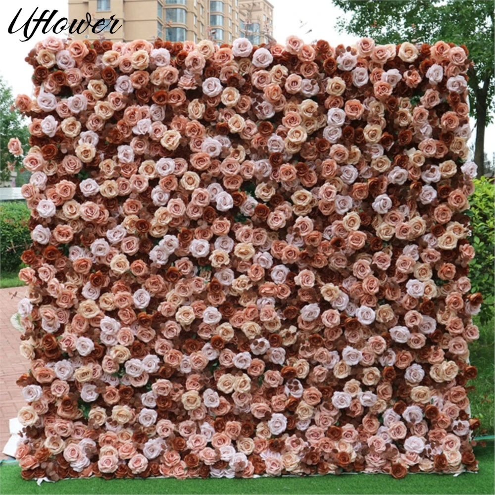 

Uflower Pink Brown Rose Artificial Flower Wall Wedding Backdrop Fabric Hanging Curtain Floral Window Display Party Stage Props