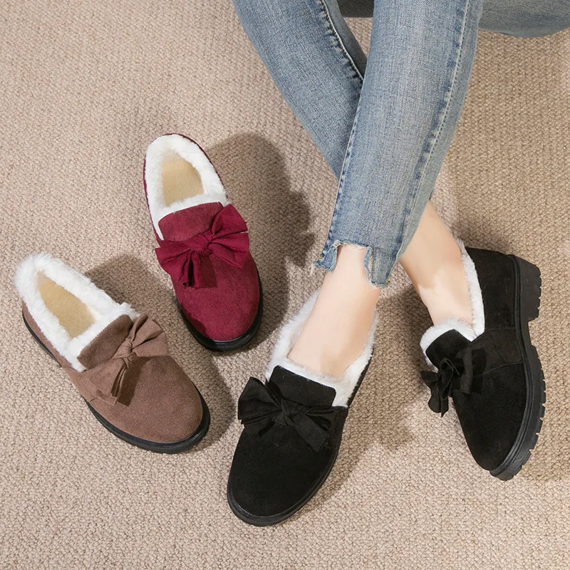 Winter New Ladies Cotton Shoes Plush Warm Non-slip Female Casual Shoes Woman Bowknot Short Snow Boots Mom Comfy Furry Loafers
