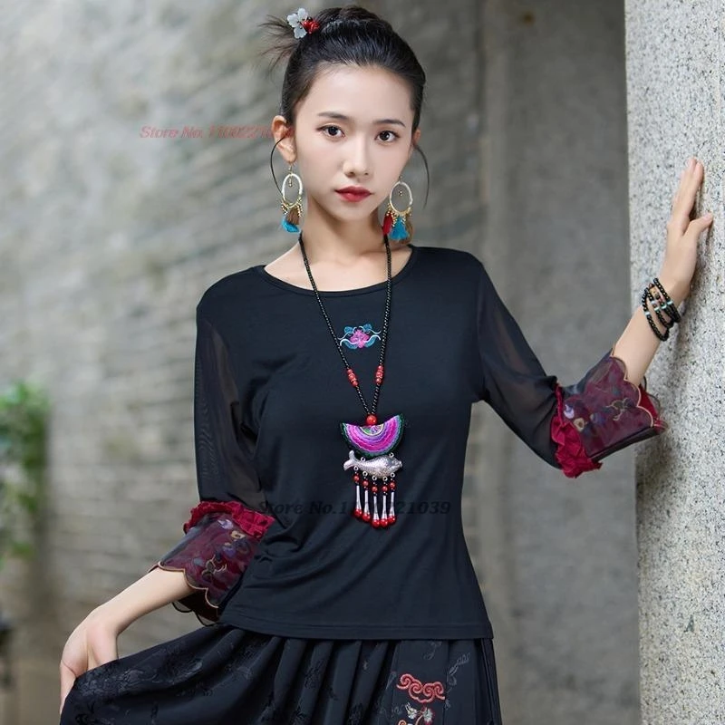 Camiseta tradicional china con cuello redondo, camisa de malla con bordado de flores nacionales, tops hanfu chinos, camisa básica de traje tang oriental, 2025