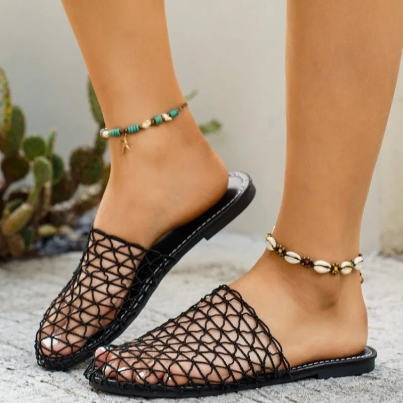 

Летние женские сандалии в римском стиле с сетчатым плетением, дышащие, с открытым носком, на плоской подошве, повседневные, с вырезами