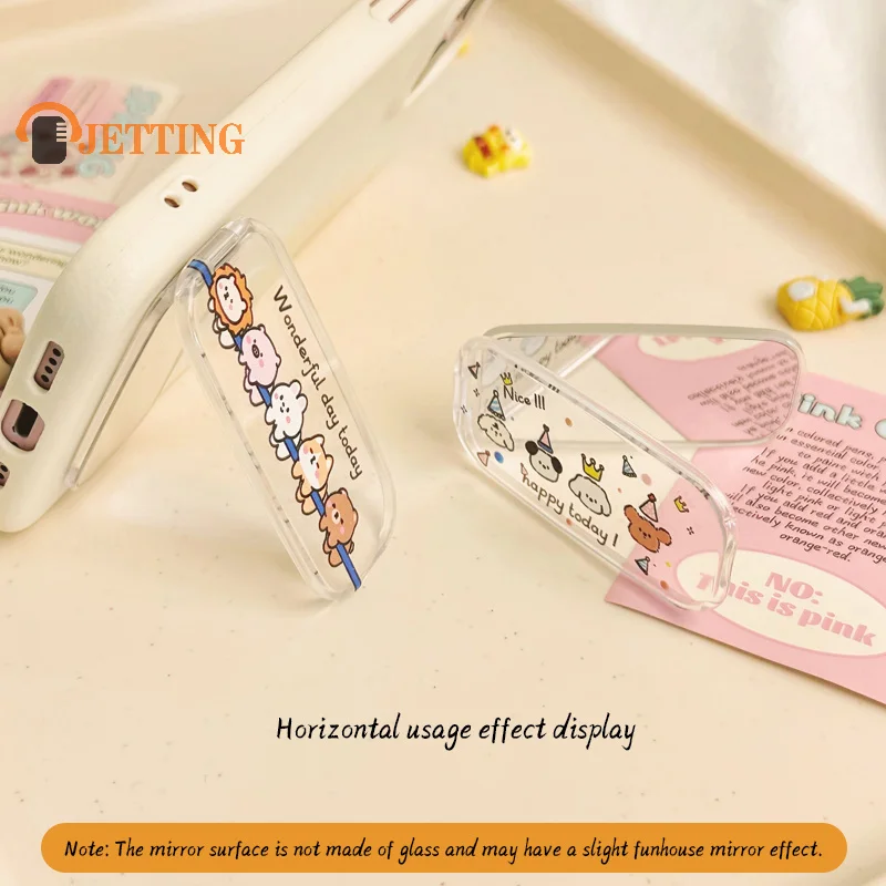 Leuke cartoon kat en hond zelfklevende make-upspiegel telefoonhouder - opvouwbare standaard met dubbele positie, accessoires voor mobiele telefoons
