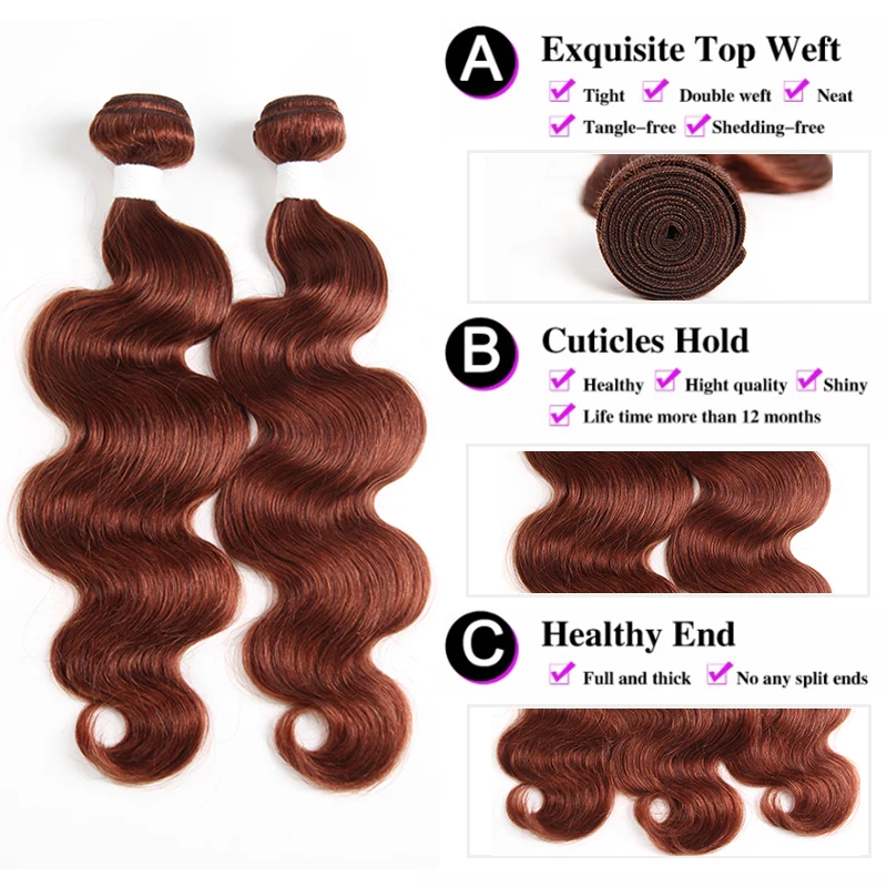 Body Wave Human Hair Bundle With Closure Brown Auburn #33 Color 100% Human Hair Weave Bundles Brazilian Remy Hair Extensions