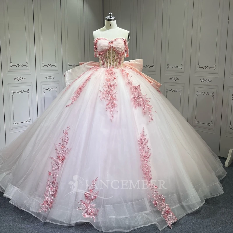 

Розовые блестящие платья Quinceanera с открытыми плечами и блестками, аппликация, кружево, бисер, кристалл, бант, тюлевое платье для вечеринки, дня рождения, сладкое платье 16.