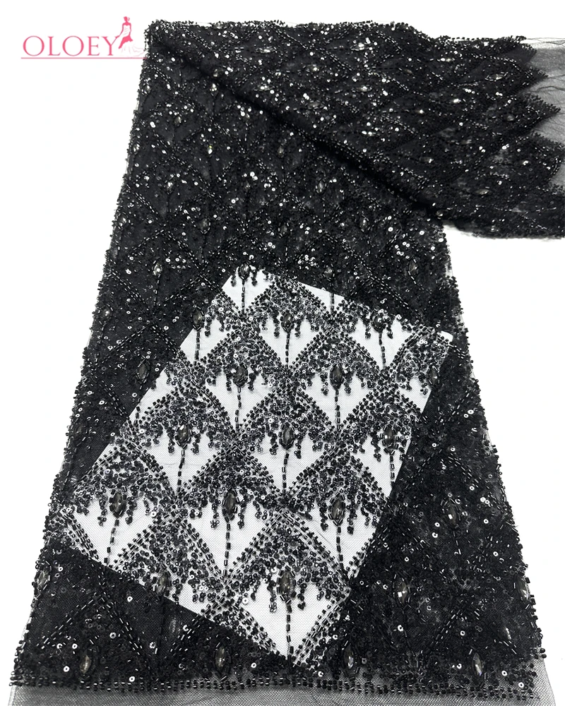 

Черная африканская кружевная ткань OLOEY с пайетками, высококачественная французская нигерийская ткань с бисером для пошива свадебных платьев