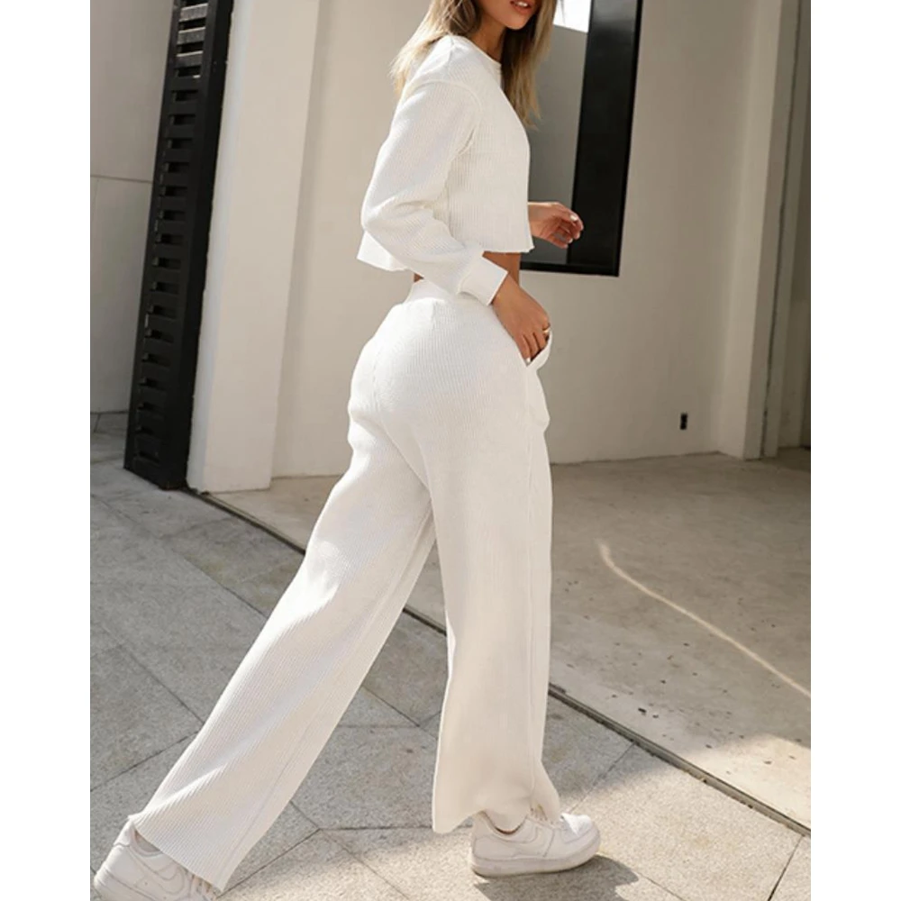 Autumn Fashion Women Elegant 2Pcs Set Solid Long Sleeve Cropped Top & High Waist Wide Leg Pants Set Winter Causal Two Pieces Set