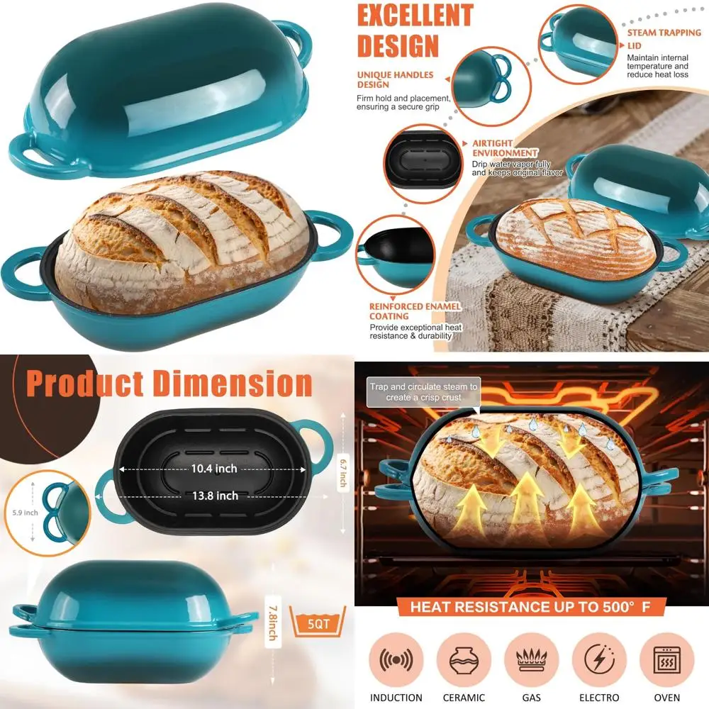 Enameled Cast Iron Sourdough Bread Pan, 5 Quart Loaf Pan with Lid, Oval Dutch Oven for Homemade Bread Baking, Perfect for Baking