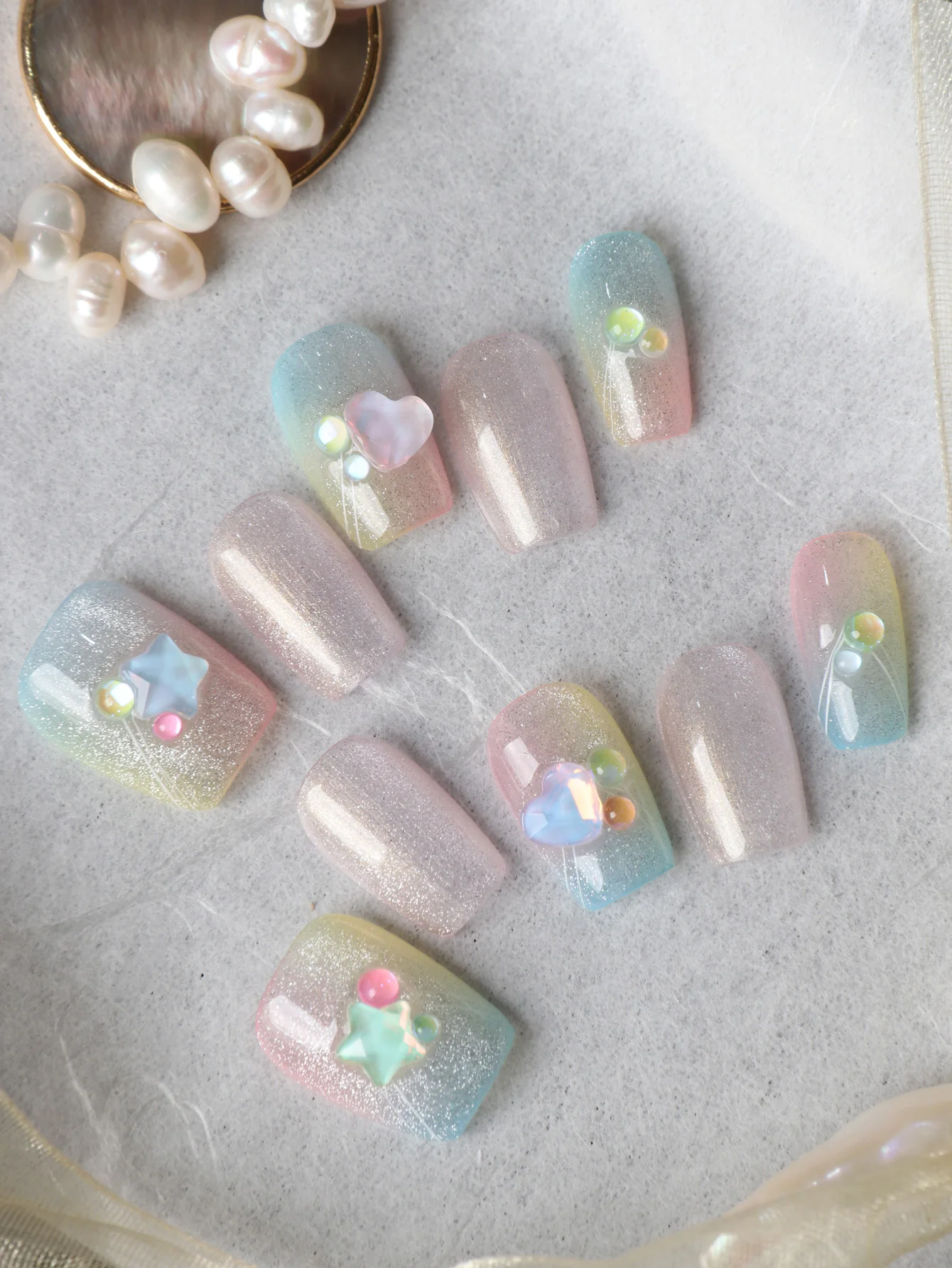 10Pcs Press on Nails Pink Cat Eye Green Star Fake Nails Includes 1 Sheet of Adhesive Tabs & 1 Pc Mini File