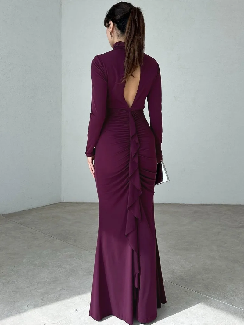 Chic Turtleneck Hollow Out Ruched Party Dresses Women Autumn Winter Folds Bodycon Tunics Evening Long Maxi Dress Purple Black