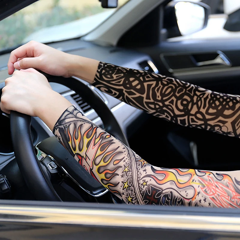 Long Fake Summer Tattoo Sleeves Sun Protection Cover Outdoor Gloves Driving Ice Silk Arm Sleeves