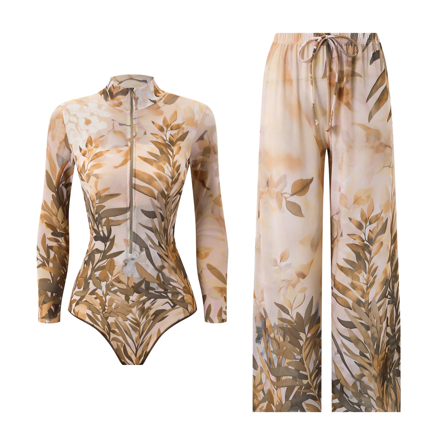 Women 2Pcs Tropical Totem Print Swimwear Set Long Sleeve Front Zip Rash Guard One Piece + Mesh Wide Leg Beach Pants Купальник