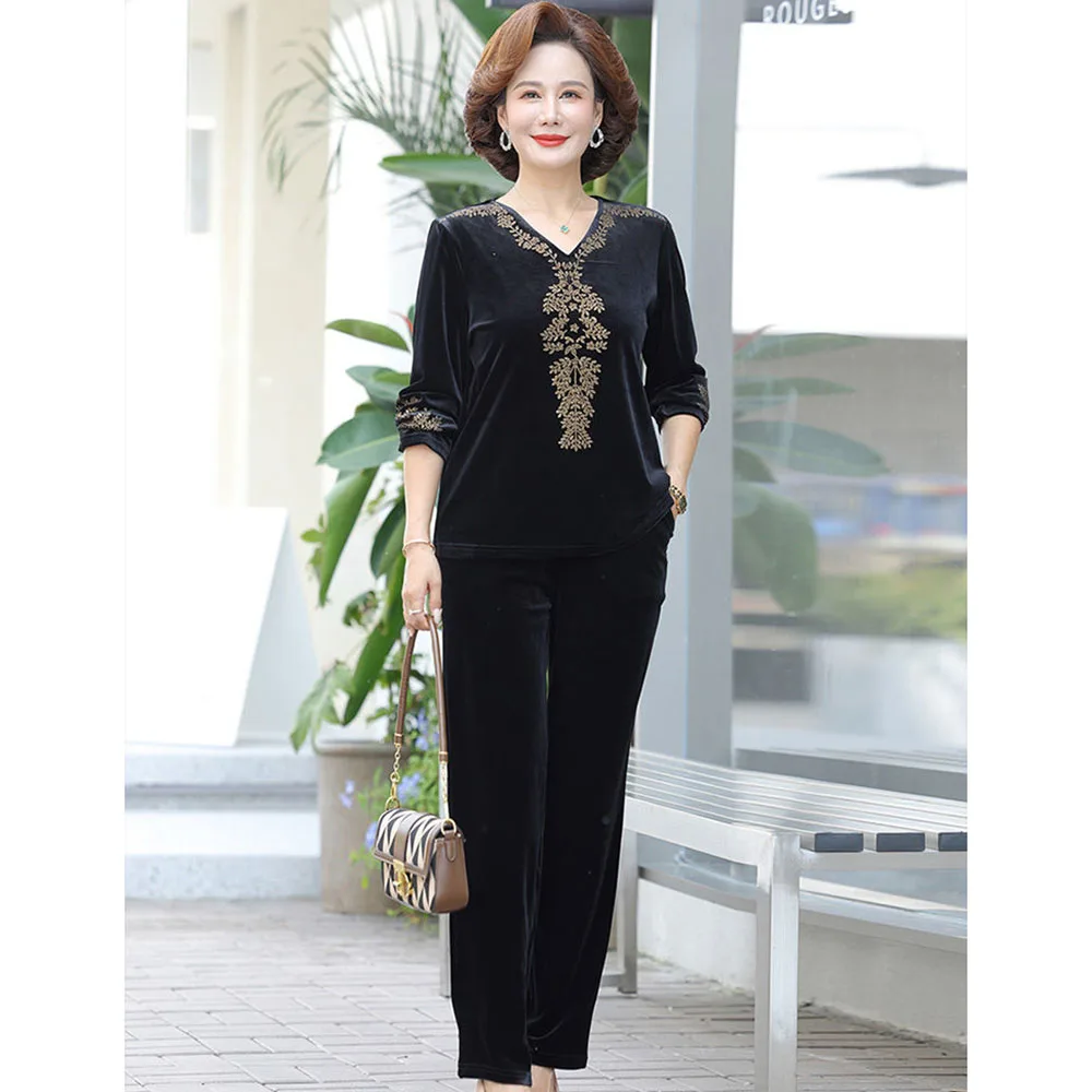 6XL 7XL Mom\'s Gold Velvet Sets Spring Autumn Large Size V-nevk  Hot Diamond Tops Pants 2 Piece Suit Elderly Women Velvet Outfit