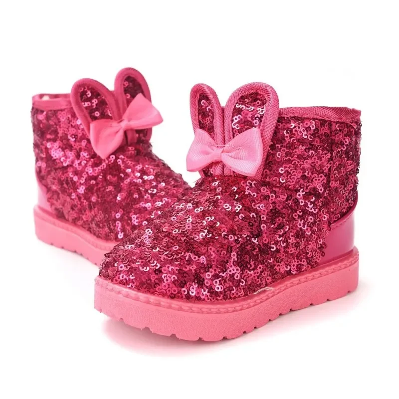 Children Winter Comfortable Fleece Short Cotton Boots Girls Thickened Warm Snow Boots Boys Sequin Solid Color Bow Cotton Shoes