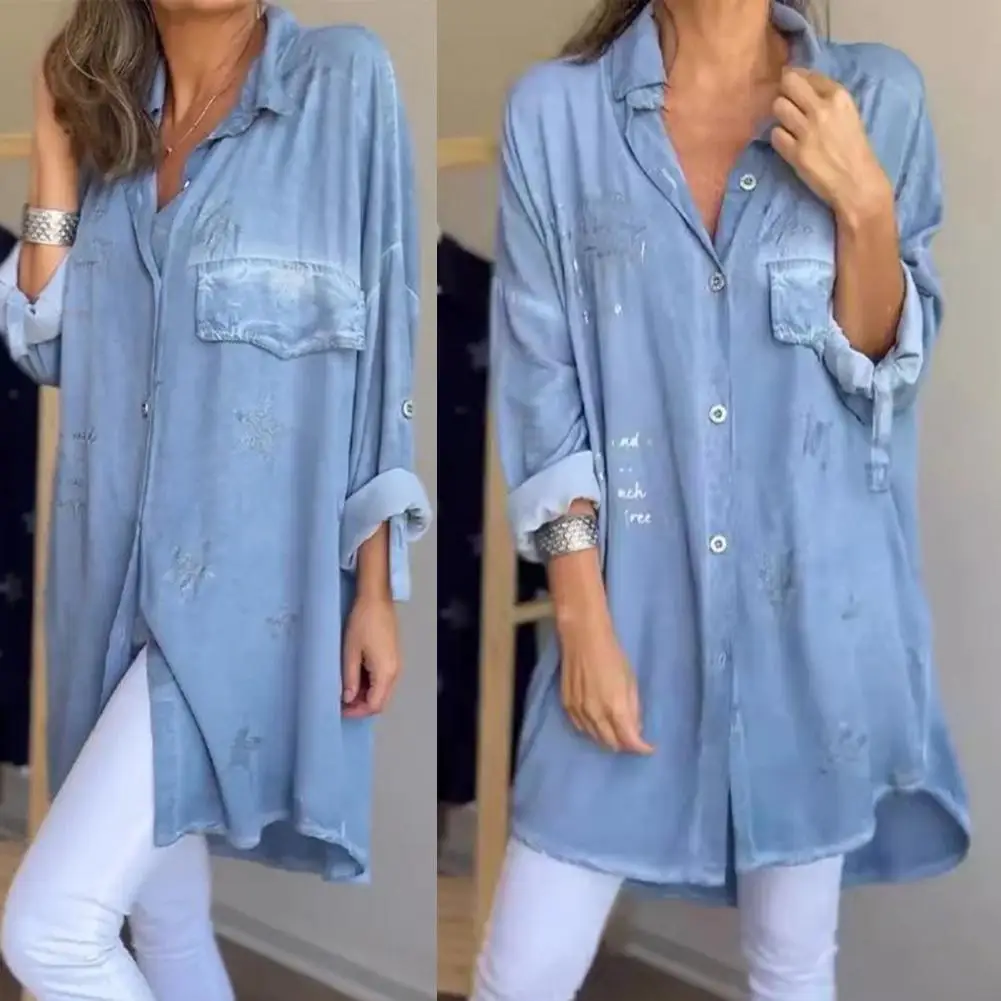 Boyfriend Style Shirt Stylish Women's Denim Shirt Lapel Long Sleeve Boyfriend Style With Buttoned Tie Cuffs Single Breasted