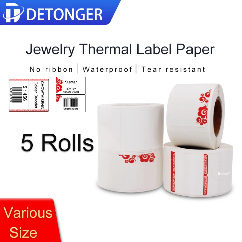 

DETONGER Thermal Jelwery Label Paper 5 Rolls Waterproof Oilproof Scratchproof Price Tag Free App Template Sticker Paper