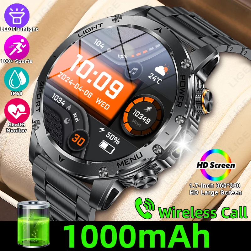 LIGE New Smart Watch Man 1000mAh Long Standby Outdoor Smartwatch Men IP68 Waterproof Heart Rate Sport BT Call Big Battery Watch