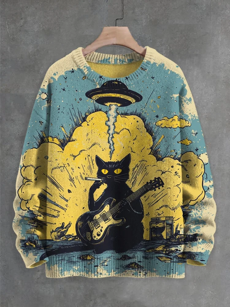 Funny Cartoon Cat Sweatshirts Japanese Art Style Sweatshirt Crew Neck Polyester Loose Hoodie Fashion Street Casual Pullovers Y2k