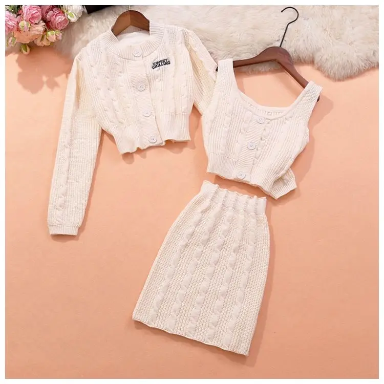 

Sexy Causal Knit Sweater Skirt Suit Winter Cardigan Vest Top And Mini Wrap Skirt Three Piece Set For Women Matching Outfis