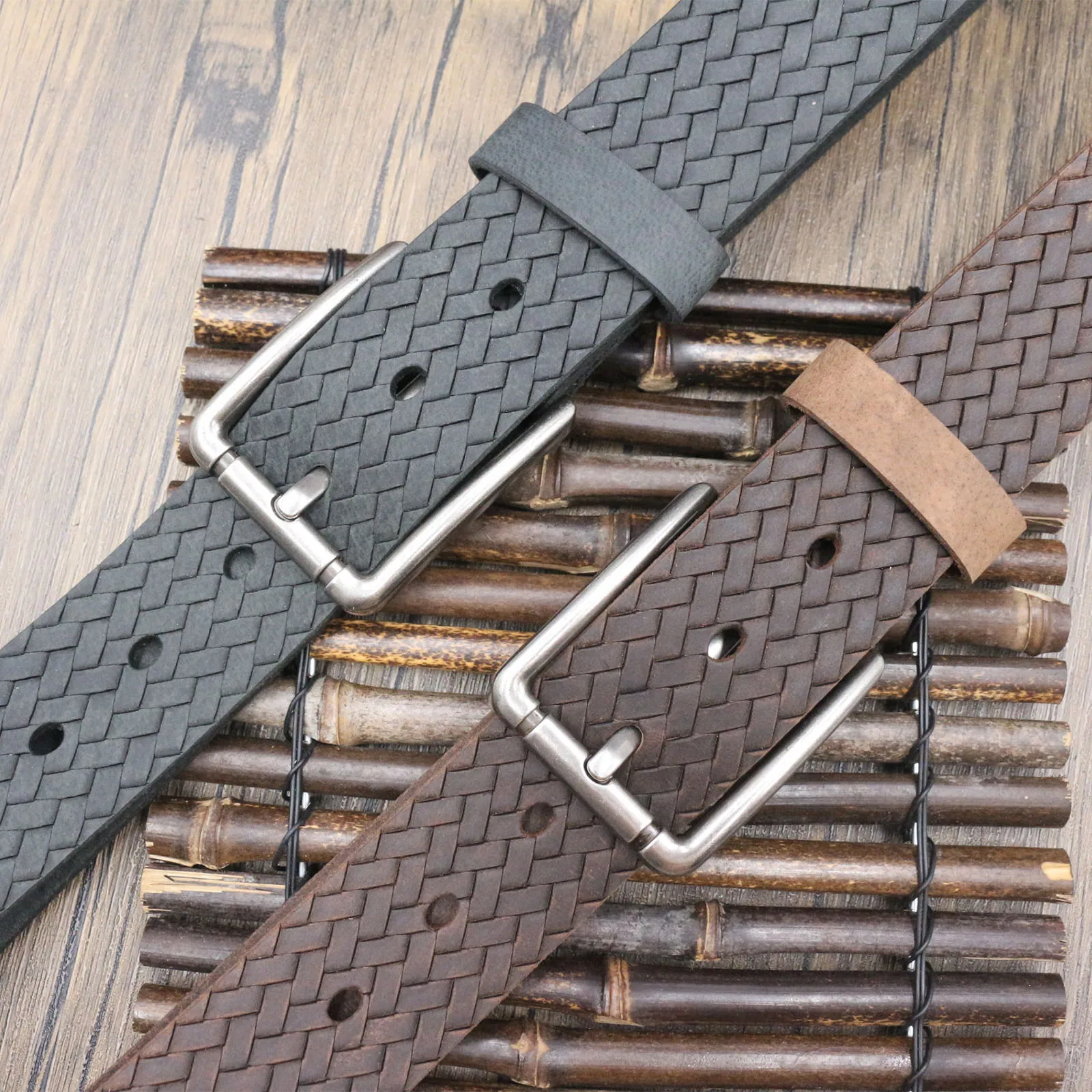 Grain Cowhide Waist Belt, Basket Weave Textured Embossed Leather Belt for Men, Antique Silver Square Buckle Fashion Trouser Belt
