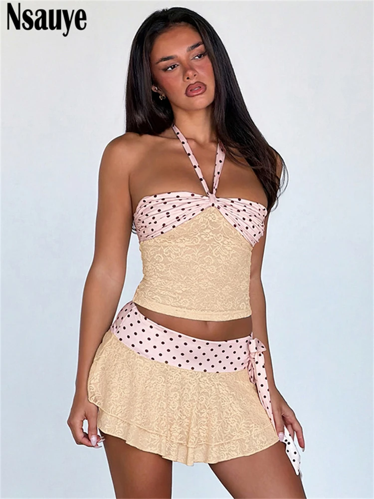 

Nsauye Casual Fashion Summer Vacation Polka Dot Print Y2K Halter Crop Tops Mini Pleated Skirt Sexy Club Two Piece Set 2026