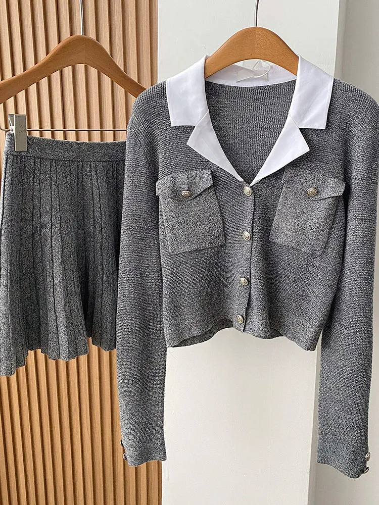 Korean Elegant  Outfits 2 Piece Skirt Set Grey Cardigan + Elastic Waist Pleated Skirt 2000s Aesthetic Gyaru Chic Preppy Style