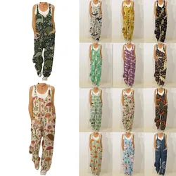 Macacão sem mangas feminino 2022 verão boho floral perna larga calças compridas macacão senhoras cinta plus size casual solto bib calças