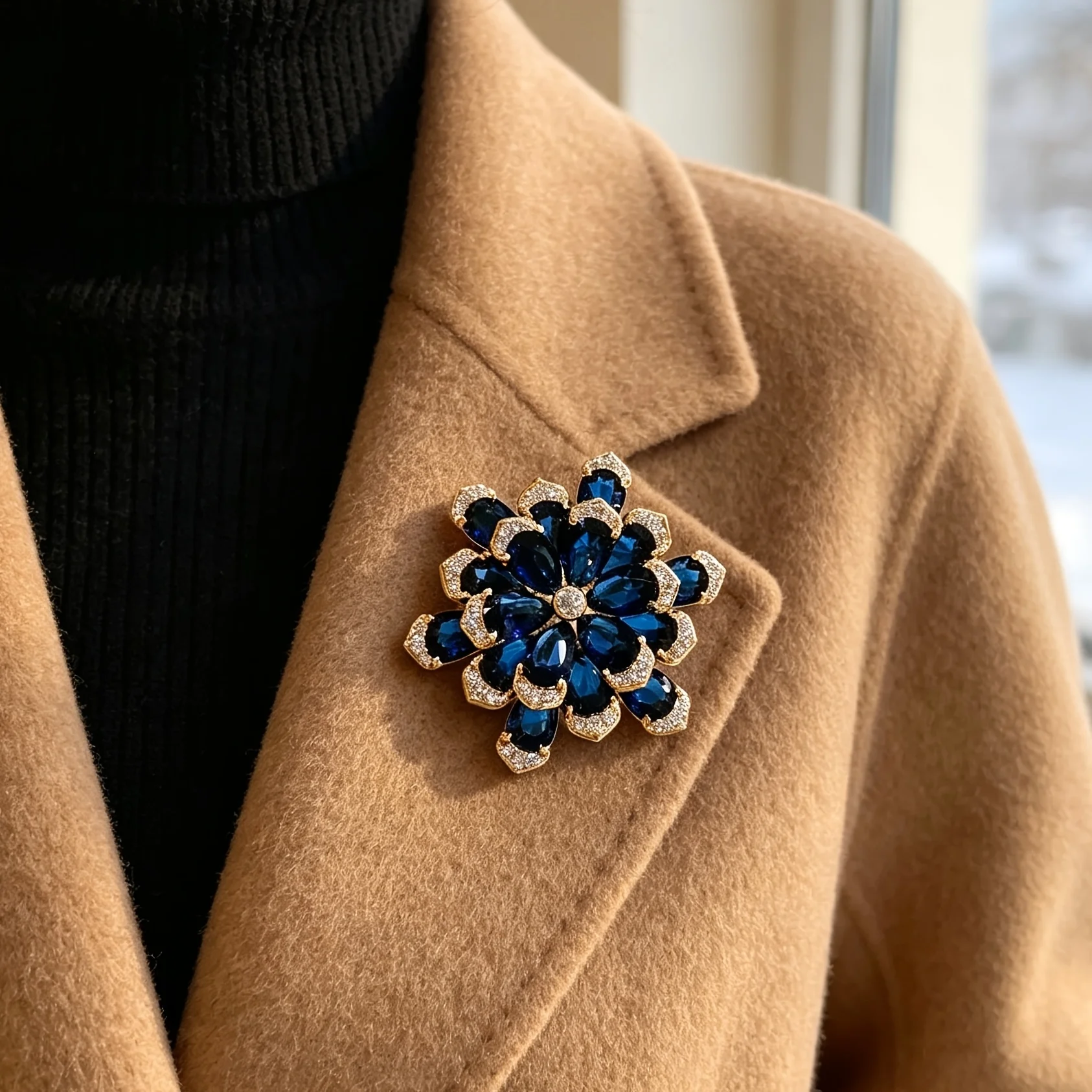 Luxuriöse blaue mehrschichtige Blumenbrosche, stark mit Strass besetzte Blumen-Anstecknadel, elegante Damen-Anstecknadel für Anzug, Mantel und Schal. – Detail 1