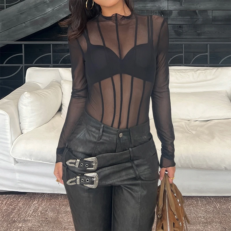 

Women's Bodysuit Stylish Classic Club Jumpsuit T NEW Black Stripe Mesh See-through Bodycon Long Sleeves Hot Sexy Basic Style