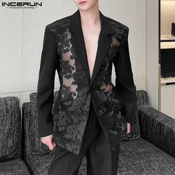 INCERUN erkekler Blazer Mesh Patchwork dantel şeffaf yaka uzun kollu Casual suit erkekler Streetwear 2024 bir düğme moda mont