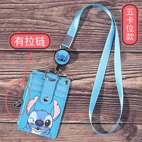 Disney Mickey Minnie hanging neck  card holder card Stitch Cartoon ID card  leather StellaLou case bus card hold Coin Purses