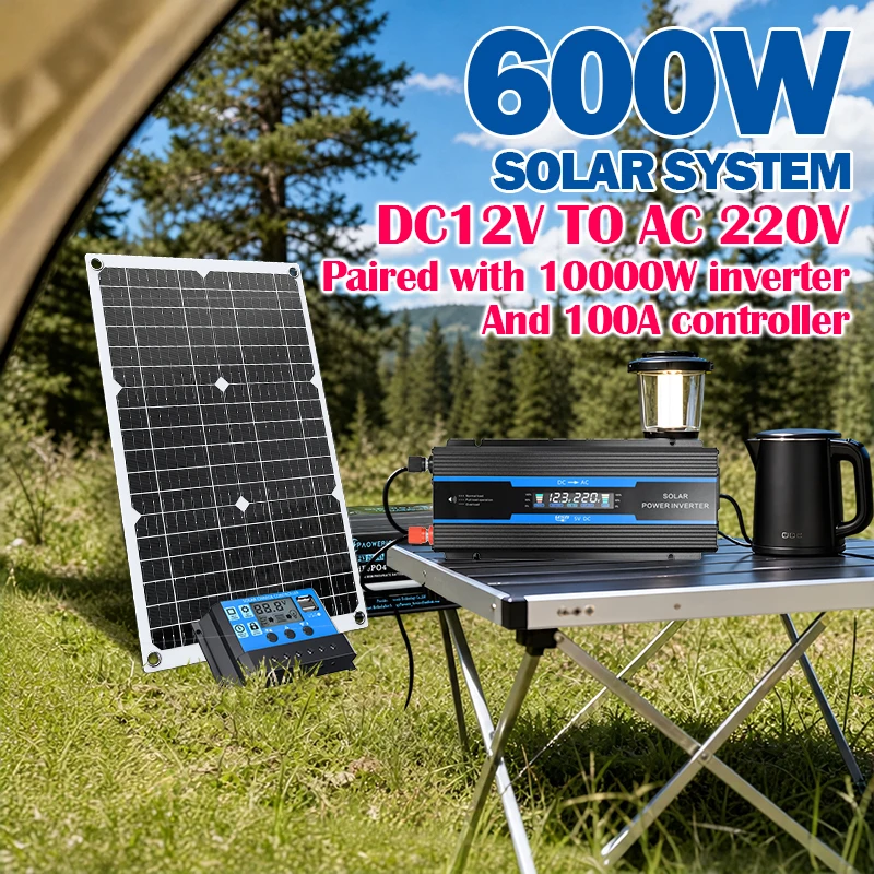 `600W Solar Panel Kit With 10000W Inverter & 100A Controller DC12V To AC220V Off-Grid Solar Power System Camping RV`