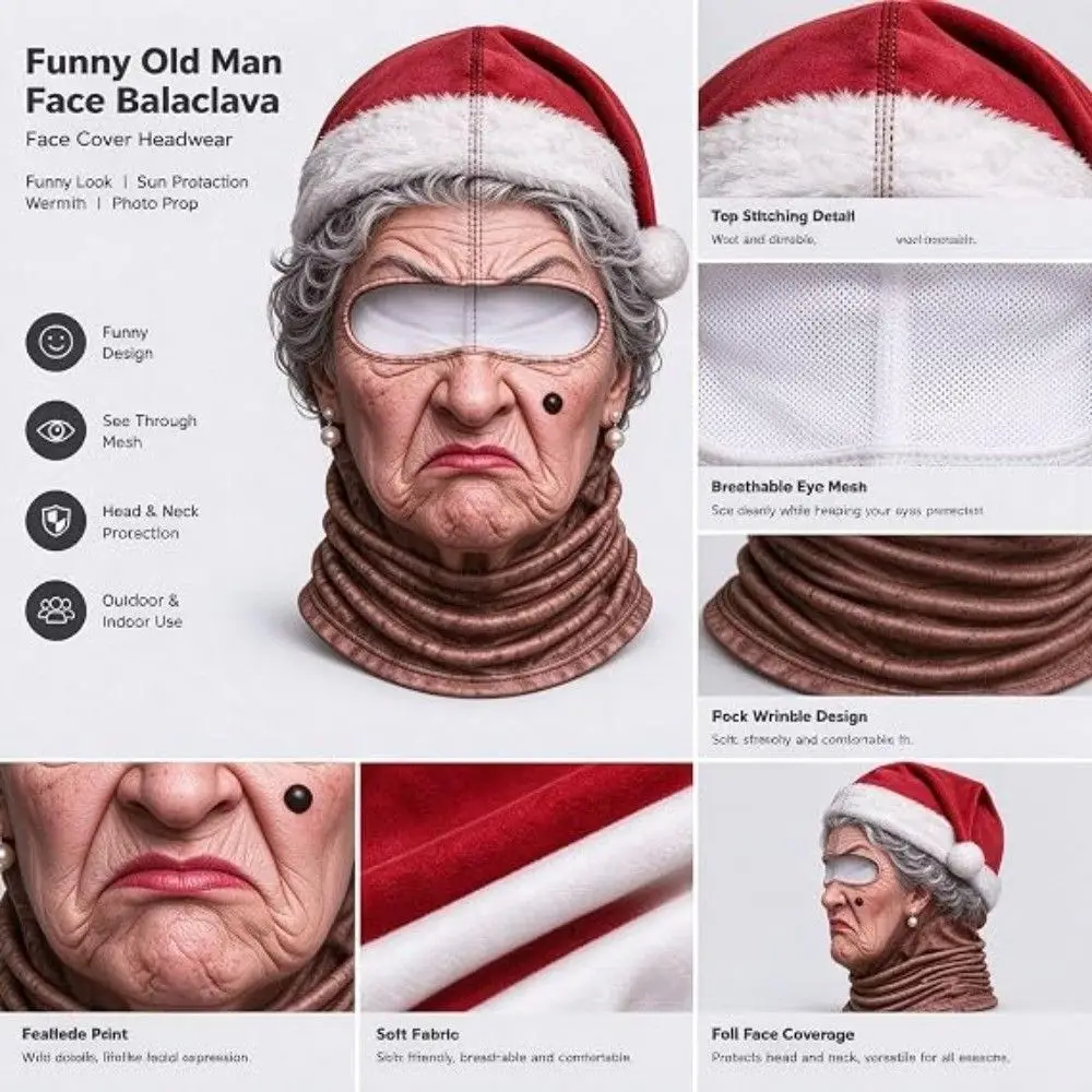 3D Face Printed Christmas Face Mask Full Coverage Elastic Old Man Balaclava Ski Mask Breathable Eye Hole Stretch Funny Ski Mask