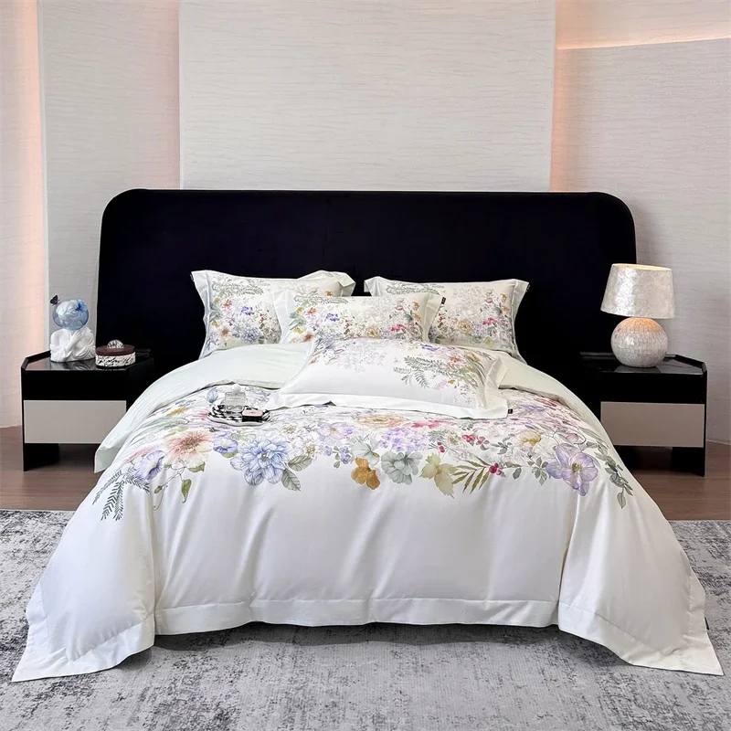 600TC Egyptian Cotton Luxury Botanical Floral Print Bedding Set 100% Cotton Duvet Cover Set Pillowcases Flat/Fitted Sheet 4Pcs