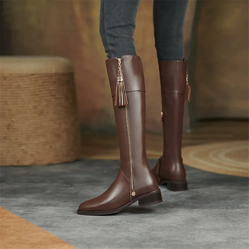 Knee-High Boots Women Autumn Winter Shoes Split Leather Round Toe Women Boot Chunky Heel Boots for Women High Boots Tassel Boots