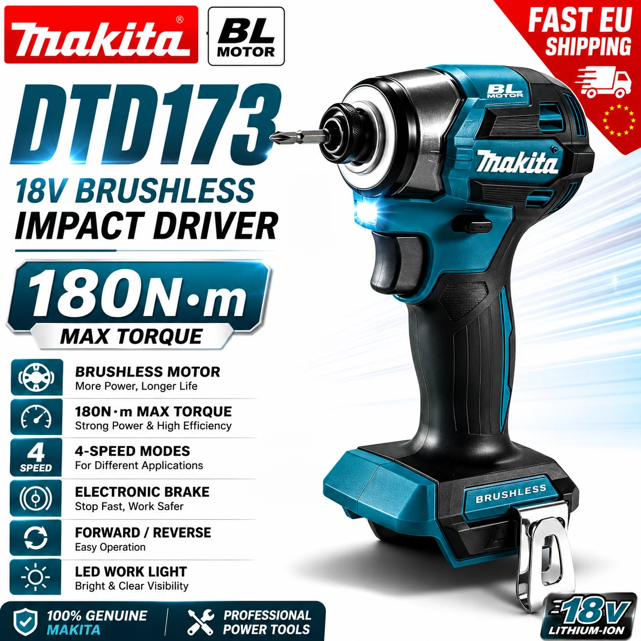 Original Makita DTD173 18V LXT Bürstenloser Schlagschrauber Elektrischer Schraubendreher Holz/Bolzen T1 T2 Modus Doppel-LED mit BL1860 6,0Ah Akku