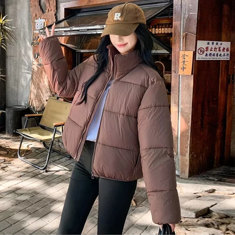 Black Fluffy Crop Parkas Coats Women Korean Streetwear Winter Thick Warm Simple Short Coats Fashion All Match Down Jacket New