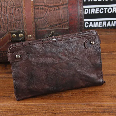 Vintage Goatskin Catwalk Wallets Men\'s Leather Long Snap Wallet Men Card Holder Clutch Bag Purses Sheepskin Leather Male Zipper