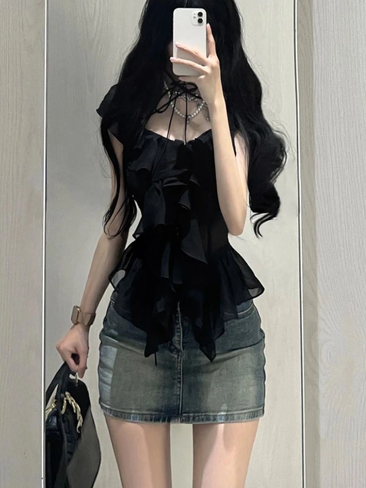 2024 Summer Slim Retro 2 Piece Sets Women Lace Up Y2k Design Blouse + Blue Chic High Waist Denim Skirt Female Korea Style Sets