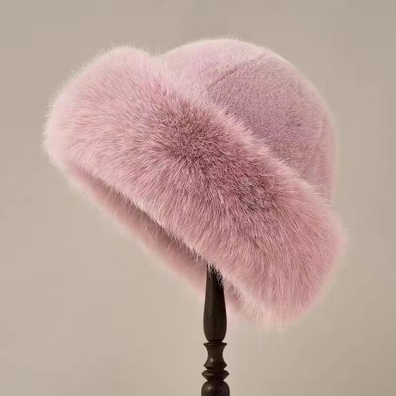 Gorro peludo grueso de invierno a la moda, gorro de piel sintética rusa esponjoso, gorros de esquí para exteriores para mujer, gorros de piel de imitación, gorro de felpa para mujer