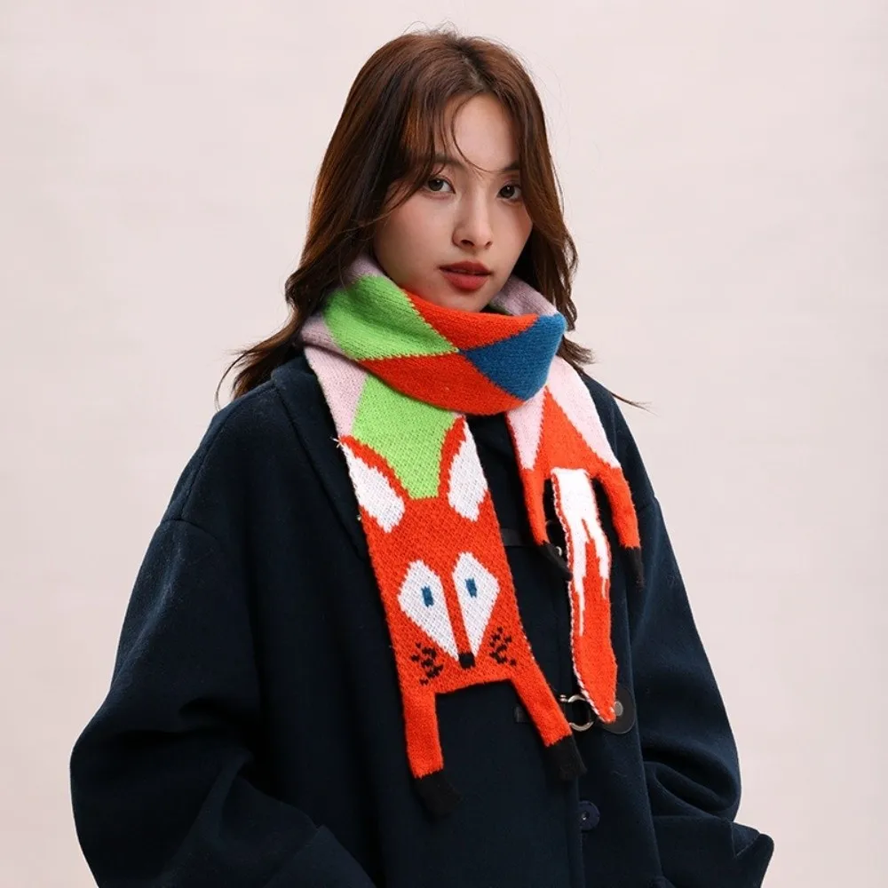 Cute Japanese Style Knitted Scarf Imitation Cashmere Animal Cartoon Fox Scarf Autumn Winter Trendy Warm Shawl Wrap