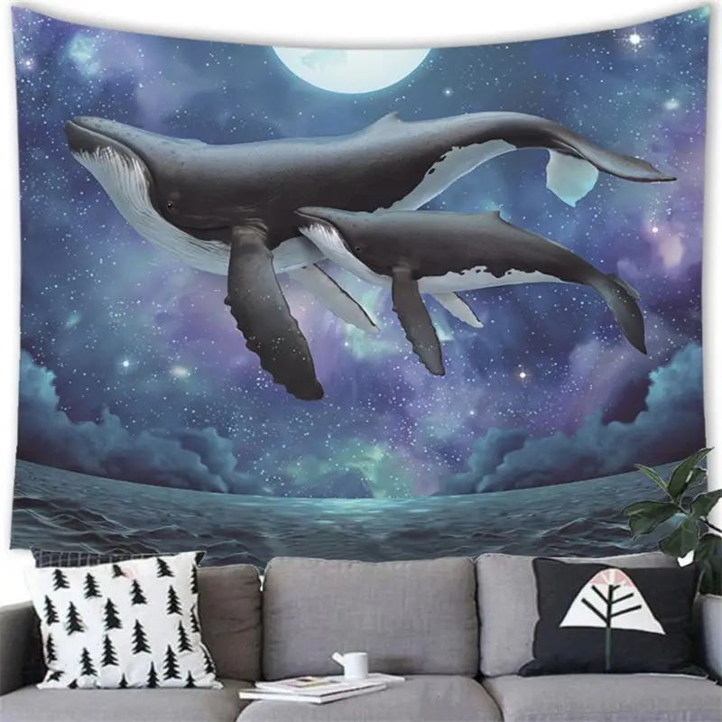 VIKAMA Watercolor Whale Orca Starry Sky Ocean Animal Tapestry Aesthetic Soft Polyester Wall Hanging Bedroom Dorm Home Decor