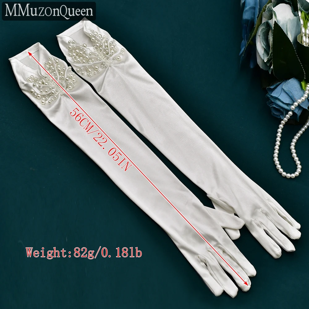 MMQ MM08 Wedding White Satin Gloves Women\'s Dress Pearls Long Gloves Elegant Evening Accessories DIY Customized Glove