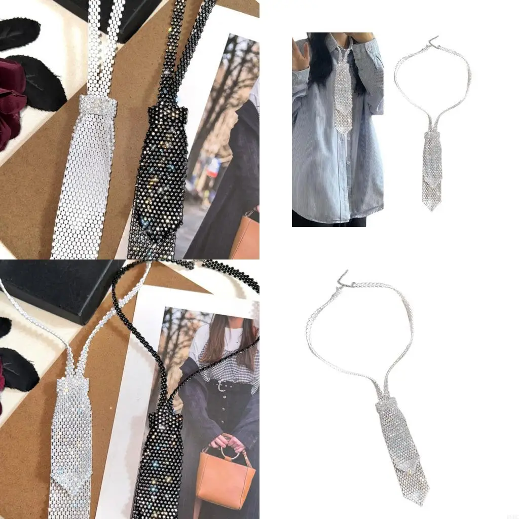 

39BC Unique Layers Rhinestones Tie Necklace Uniform Suit Tie Encrusted Rhinestones Long Necklaces